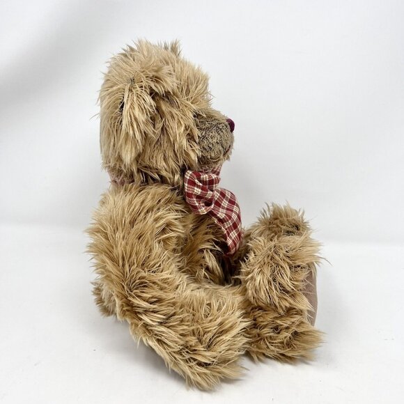 RARE Teddy Hermann Brown Bear with Plaid Bow Long Hair Burgundy Nose - Picture 3 of 8